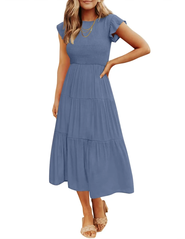 ZESICA Women's 2024 Summer Casual Flutter Short Sleeve Crew Neck Smocked Elastic Waist Tiered Midi Dress, Dusty Blue, L
