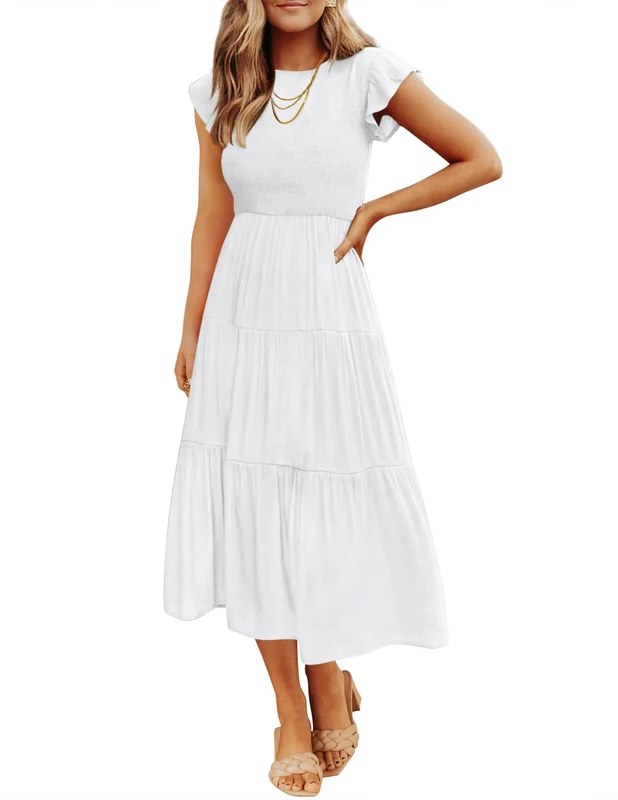 ZESICA Women's 2024 Summer Casual Flutter Short Sleeve Crew Neck Smocked Elastic Waist Tiered Midi Dress, White, S