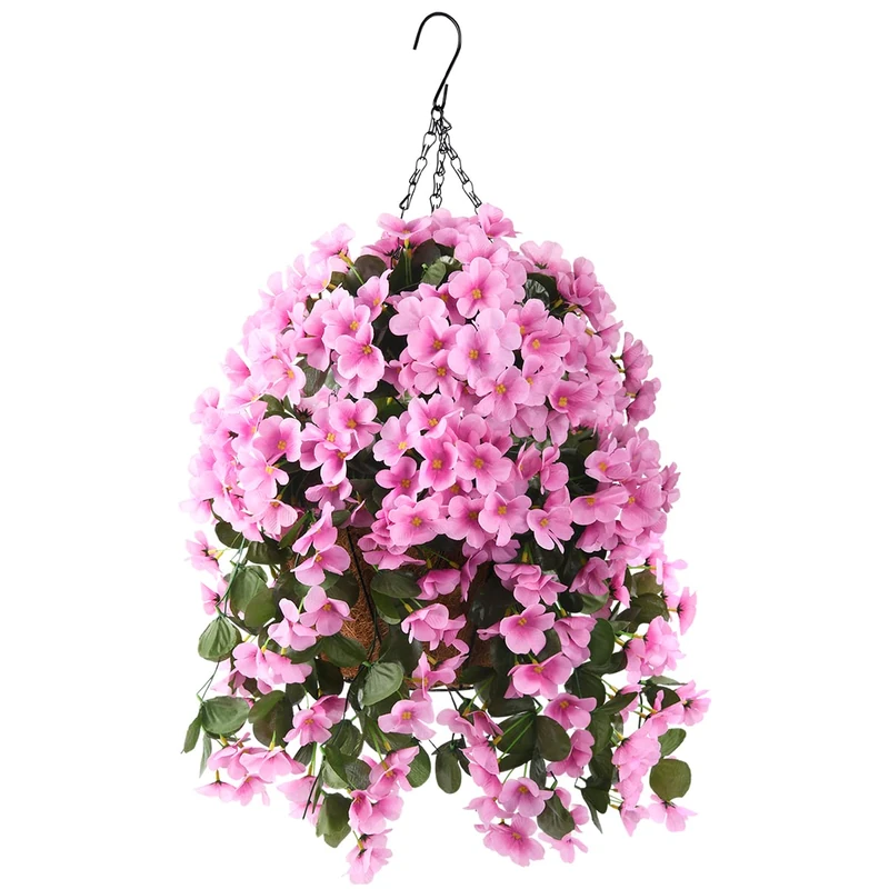 INQCMY Artificial Hanging Flowers in Basket for Patio Garden Decor,Artificial Plant with Coconut Lining Hanging Baskets,Begonia Flower for The Decoration of Outdoors and Indoors(Pink)