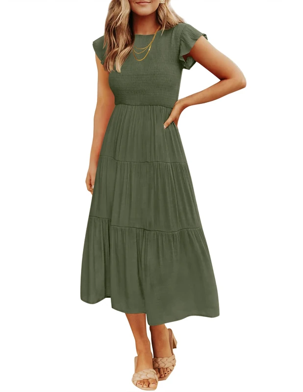 ZESICA Women's 2023 Summer Casual Flutter Short Sleeve Crew Neck Smocked Elastic Waist Tiered Midi Dress, ArmyGreen, M