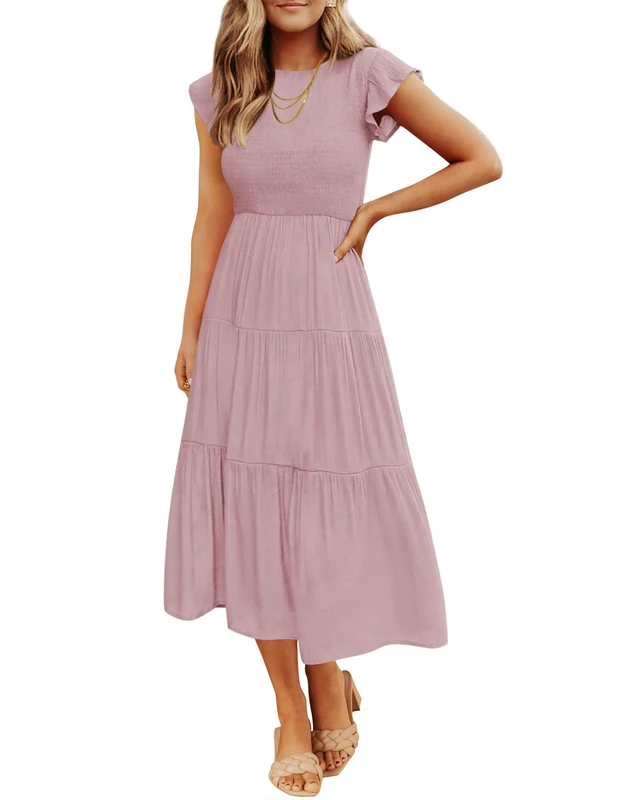 ZESICA Women's 2025 Summer Casual Flutter Short Sleeve Crew Neck Smocked Elastic Waist Tiered Midi Dress, Dark Pink, XL