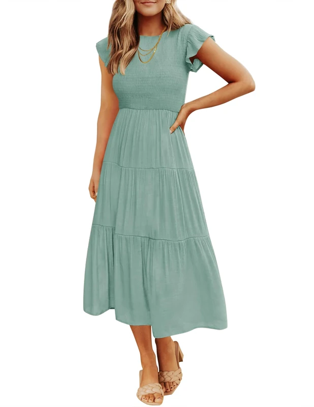 ZESICA Women's 2024 Summer Casual Flutter Short Sleeve Crew Neck Smocked Elastic Waist Tiered Midi Dress, Sage, XL