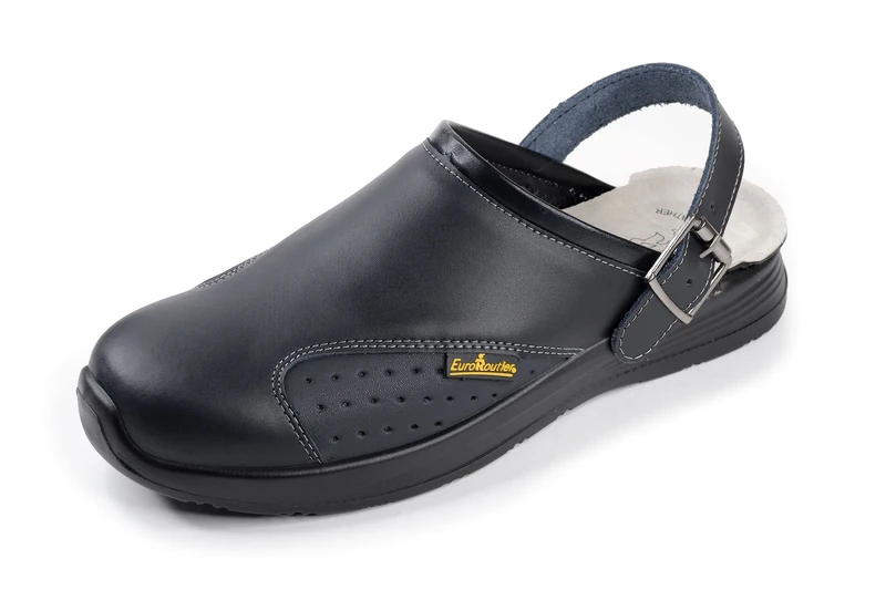 EuroRoutier Work Slipper, Leather Clogs with Adjustable Swivel Strap and Metal Buckle, Black, 41 EU