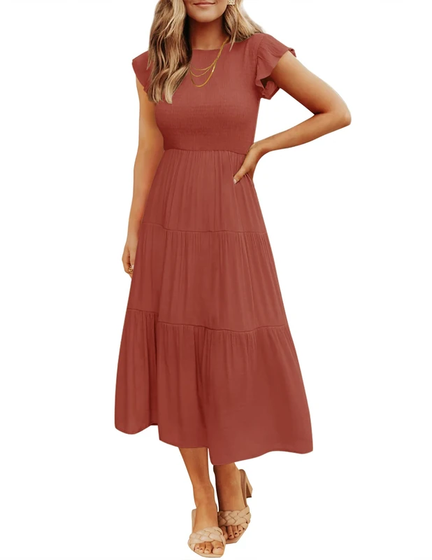 ZESICA Women's Summer Casual Flutter Short Sleeve Crew Neck Smocked Elastic Waist Tiered Midi Dress, Black, Medium