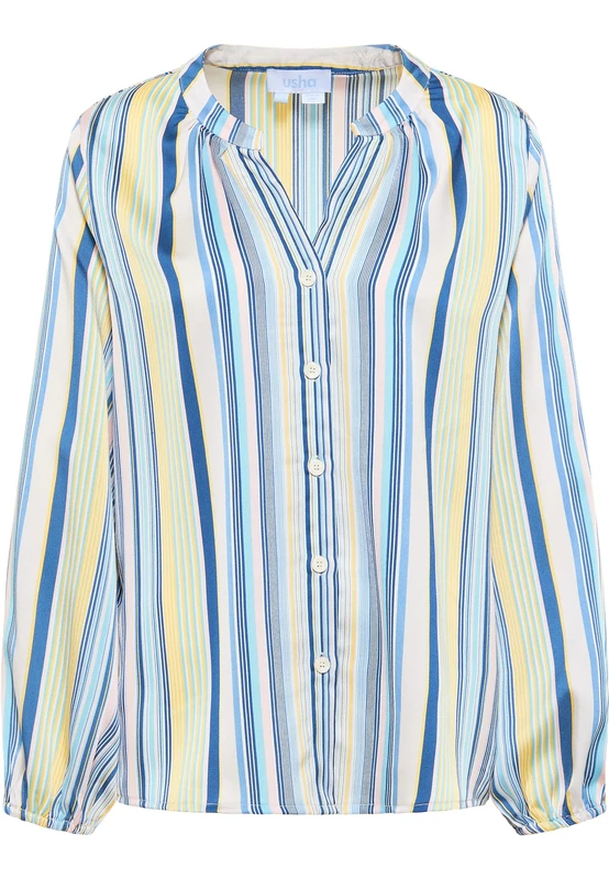 usha BLUE LABEL Women's 19623643 Striped Blouse, Blue, Yellow, Multi-Coloured, S