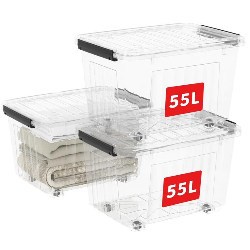Cetomo 55L*3 Plastic Storage Boxes with Wheels, Lidded Storage Box with Secure Side Latches, PP Nestable and Stackable Clear Organizer for Home, Office, Moving, Transparent, 55L-3 Pack