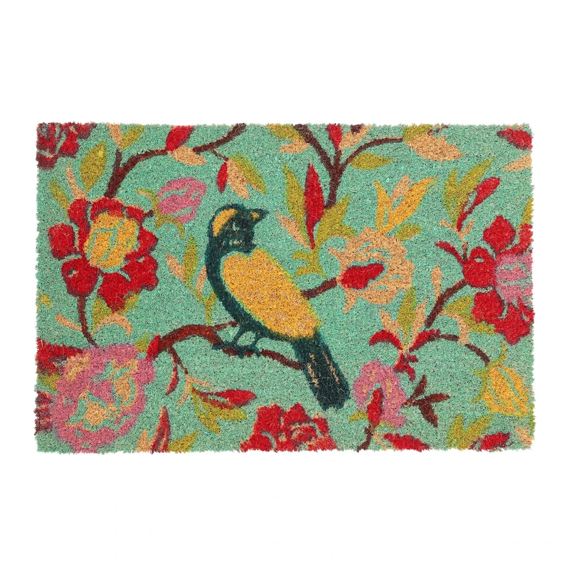Relaxdays Colourful Bird Flowers Welcome Doormat Coir, 40 x 60 cm, Door Mat Inside & Outside, Non-Slip, Multicoloured