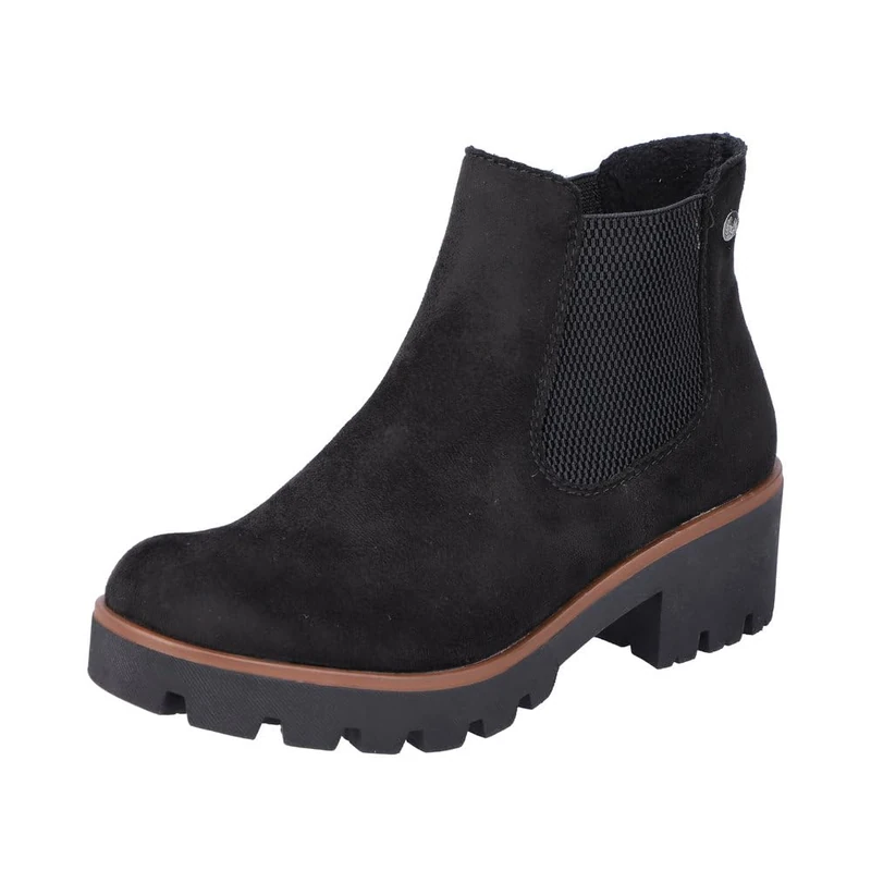 Rieker Ladies Chunky Gusset Detailed Heeled Ankle Boots 79265-00 - Black Microfibre - UK Size 4 - EU Size 37 - US Size 6