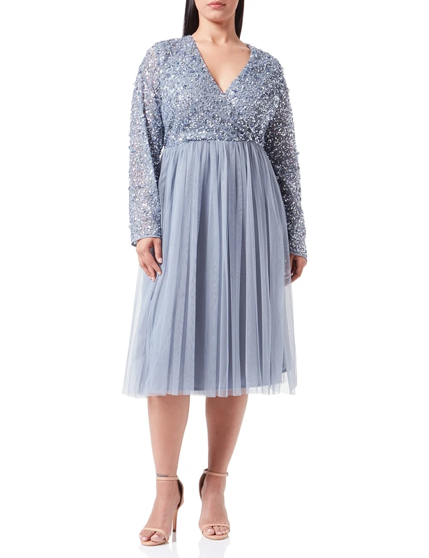 Maya Deluxe Women's Ladies Wedding Guest Midi Dress Long Sleeve Plunging Neckline V Neck Sequin Embellished Graduation Bridesmaid, Dusty Blue, 6 (EG024-MIDI-MM)