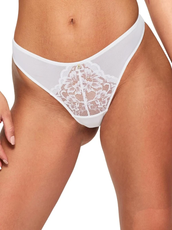Ann Summers Sexy Lace 3 Pack Thong Low-Rise Womens Lingerie Underwear with Mesh Back, Floral Lace & Centre Charm, Cotton Gusset Stylish & Comfortable G String for Minimal Lines White Multipack Knicker