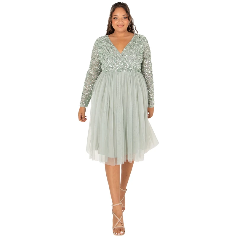 Maya Deluxe Women's Ladies Wedding Guest Midi Dress Long Sleeve Plunging Neckline V Neck Sequin Embellished Graduation Bridesmaid, Green Lily, 16, (EG024-MIDI-MM) - Image 1