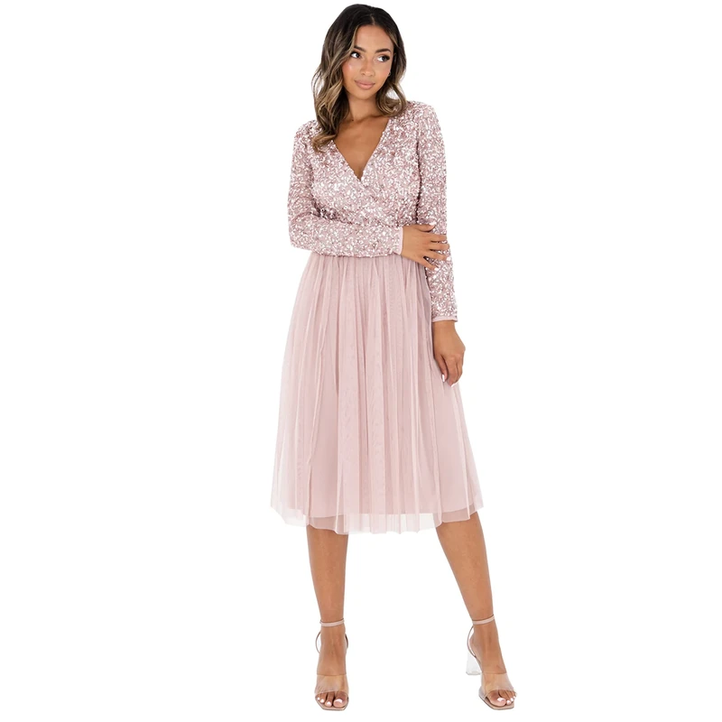 Maya Deluxe Women's Ladies Wedding Guest Midi Dress Long Sleeve Plunging Neckline V Neck Sequin Embellished Graduation Bridesmaid, Frosted Pink, 22, (EG024-MIDI-MM)