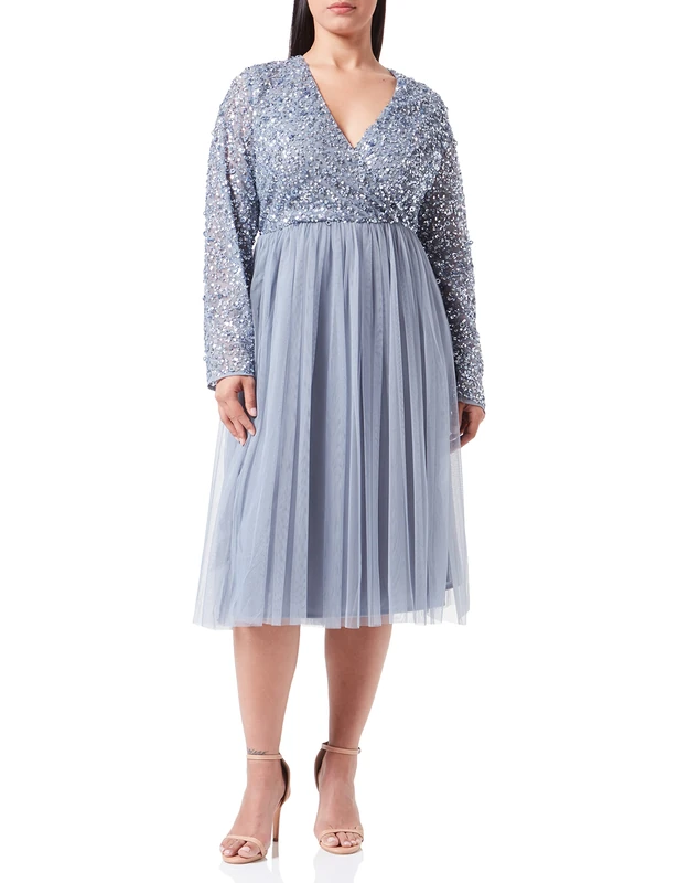 Maya Deluxe Women's Ladies Wedding Guest Midi Dress Long Sleeve Plunging Neckline V Neck Sequin Embellished Graduation Bridesmaid, Dusty Blue, 12 (EG024-MIDI-MM)