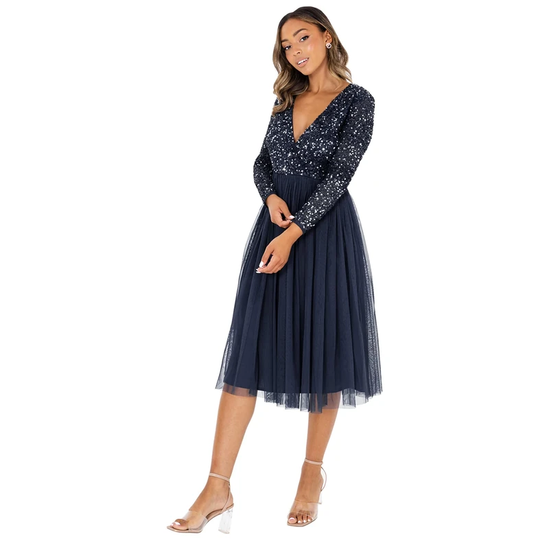 Maya Deluxe Women's Ladies Wedding Guest Midi Dress Long Sleeve Plunging Neckline V Neck Sequin Embellished Graduation Bridesmaid, Navy, 16 (EG024-MIDI-MM)
