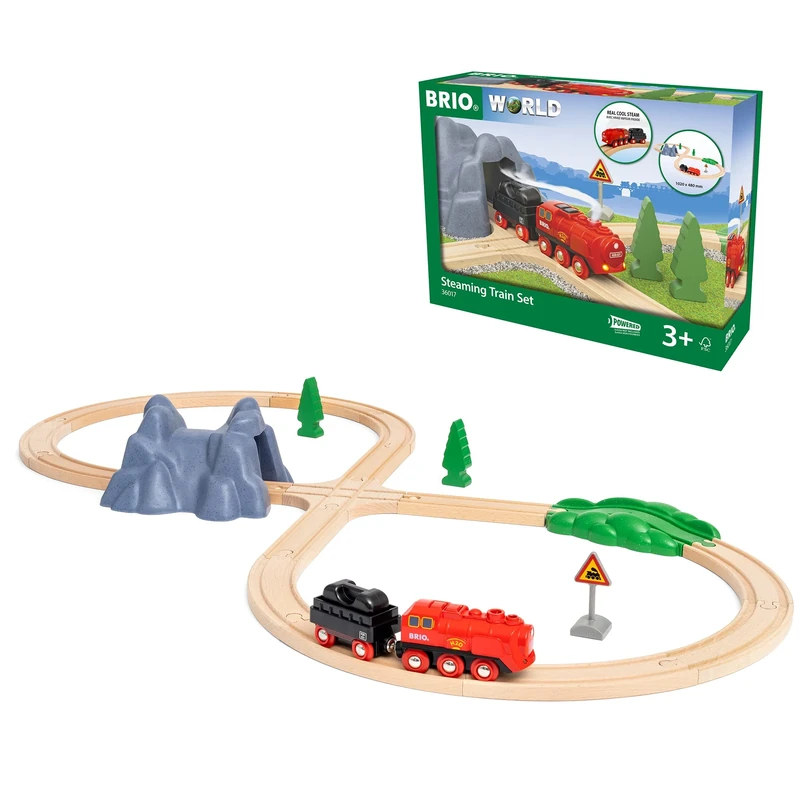 BRIO World 36017 Battery Steam Train Set - Cold Water Steam From The Chimney of The Engine Flows While Driving - Classic Train Eight Layout Including Mountain Tunnel
