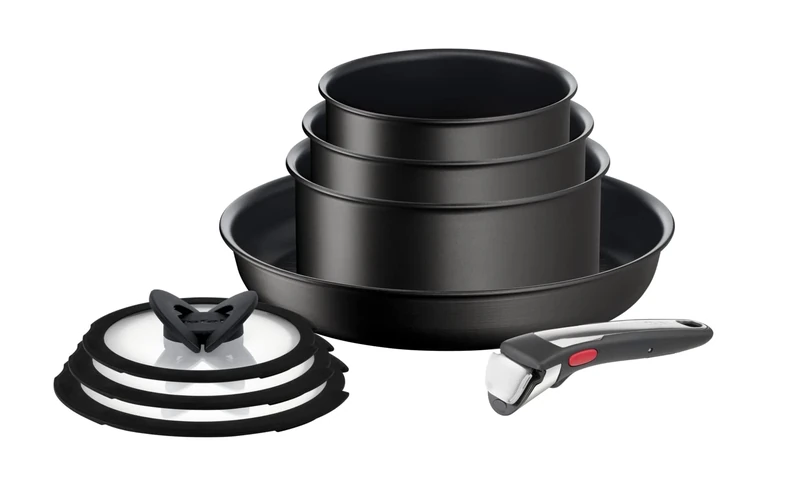 Tefal Ingenio Unlimited ON 8 Piece Non-Stick Induction Pan Set, 28 cm Frying Pan, 16&18&20 cm Saucepans, 16&18&20 cm Glass Lids, 1 Bakelite Removable Handle, Easy Cleaning, Black, L3959053