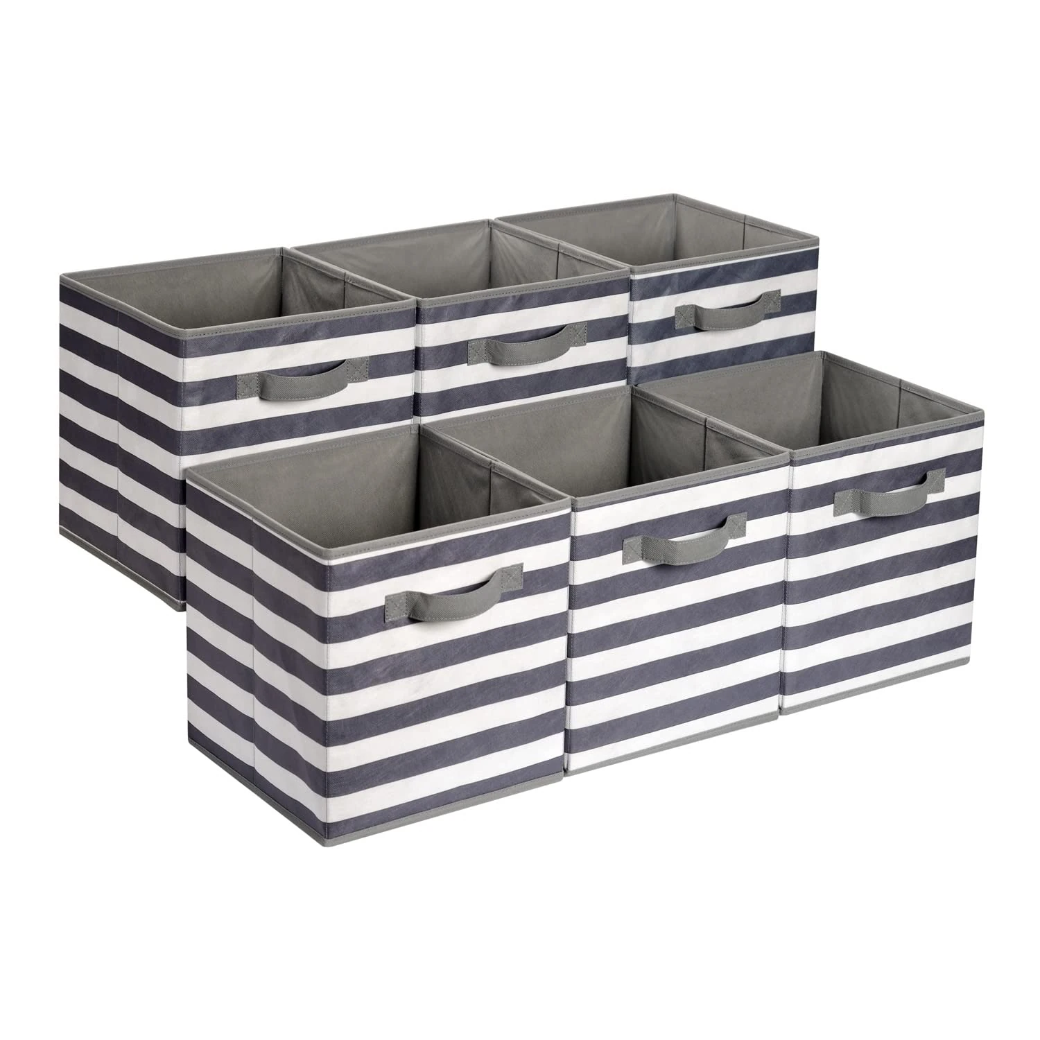 Amazon Basics Collapsible Fabric Storage Cube/Organiser with Handles, Pack of 6, 33x33x33 cm, Awning Stripe White/Light Grey