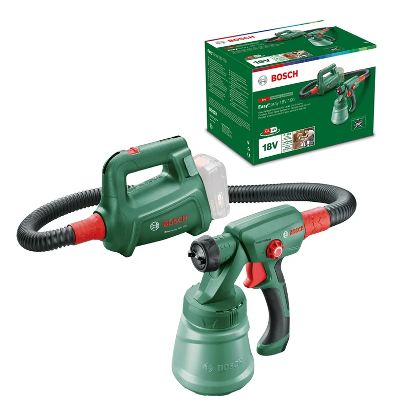 Bosch Cordless Paint Spray System EasySpray 18V-100 (Without Battery, 18 Volt System, for Lacquers and Varnishes Feed Volume: 0-100 ml/min, Container Volume: 800 ml, in Carton Packaging)