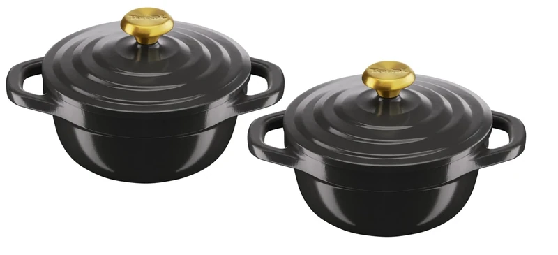 Tefal Air Mini Stew Pot Set of 2, 11cm Non Stick Cast Aluminium (Lighter Than Cast Iron) with Lid Grey E255S204