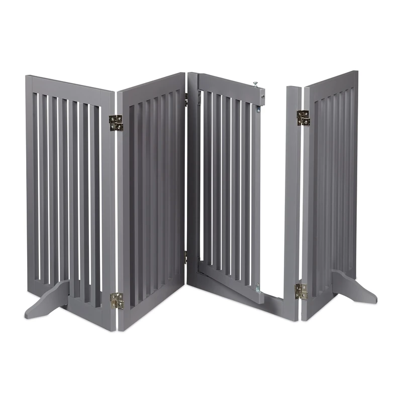 Relaxdays Safety Gate with Door, Pets and Children, Retractable, with Feet, Free-Standing Barrier, HxW: 70x207 cm, Grey, Fibreboard