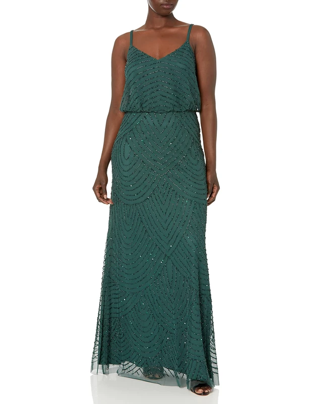 Adrianna Papell Women's Art Deco Beaded Blouson Gown Dress, Dusty Emerald, 14