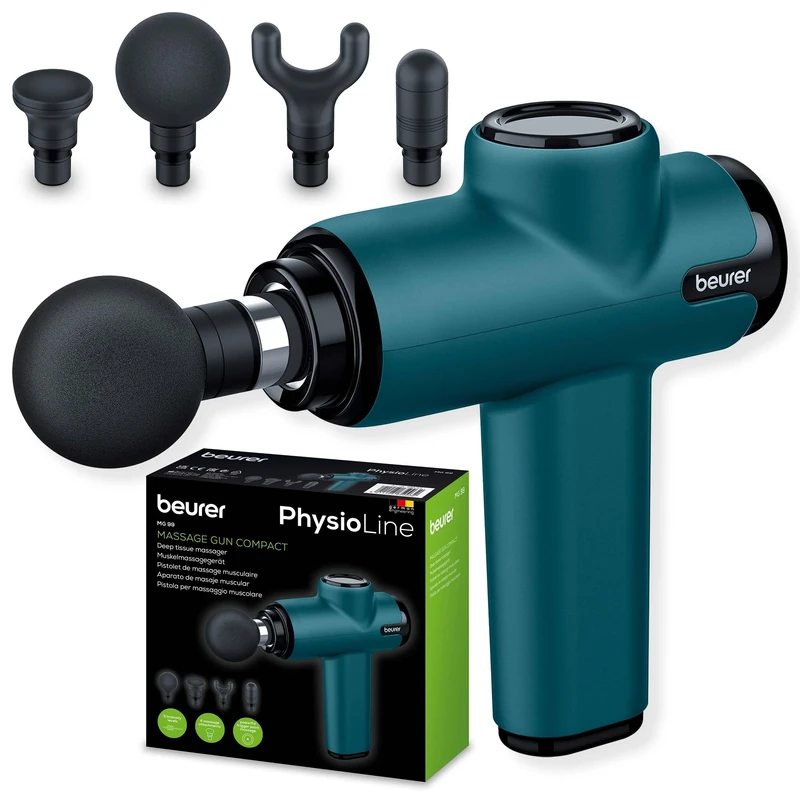 Beurer MG99 Compact Massage Gun, Mini Deep Tissue Massager with 4 Attachments, Powerful Trigger Point Massage to Relieve Tension, Handheld Massager with 5 Intensity Levels, Rechargeable Battery