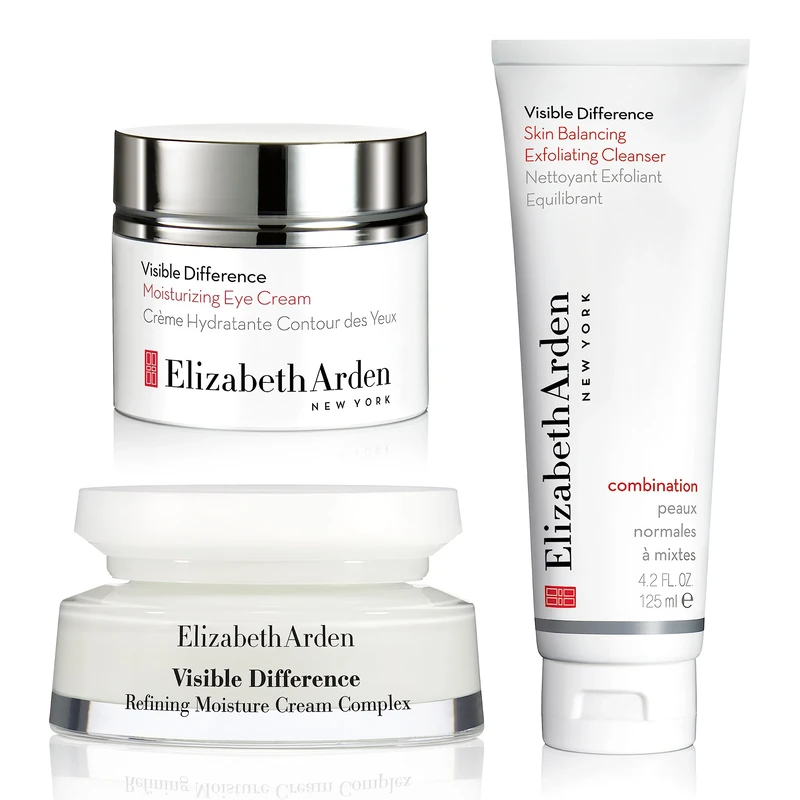 Skincare Bundle: Elizabeth Arden Refining Moisture Cream Complex (75ml) + Visible Difference Moisturizing Eye Cream (15ml) + Skin Balancing Exfoliating Cleanser (125ml)