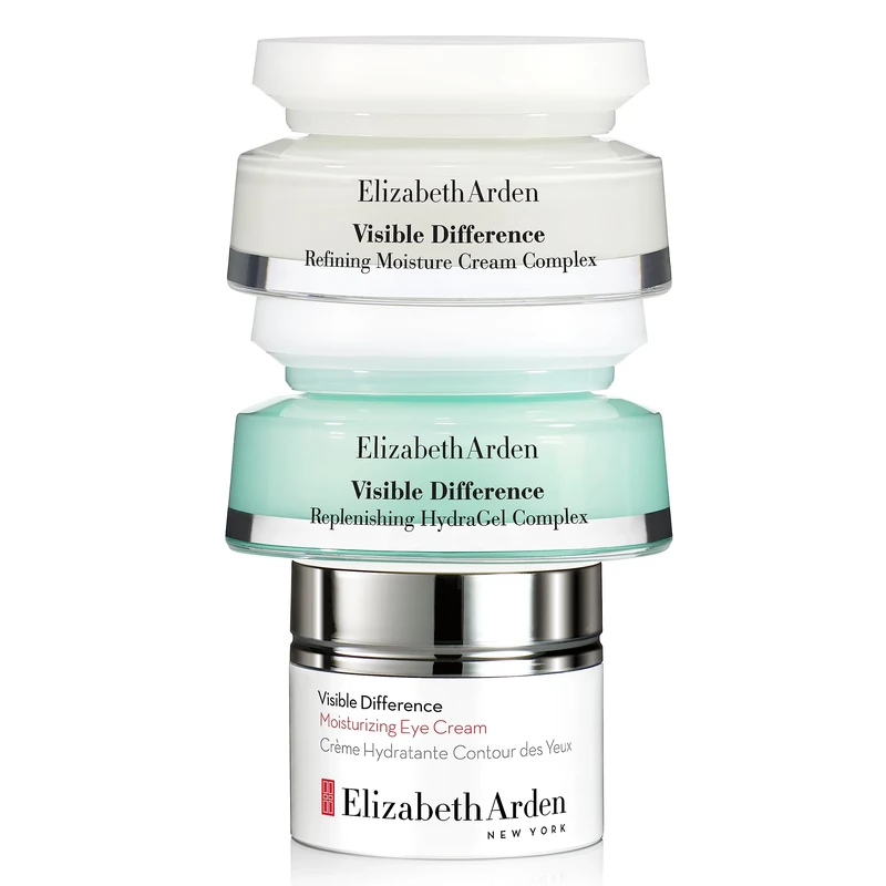 Skincare Bundle: Elizabeth Arden Visible Difference Refining Moisture Cream Complex (75ml) + Visible Difference Replenishing HydraGel Complex (75ml) + Visible Difference Moisturizing Eye Cream (15ml)