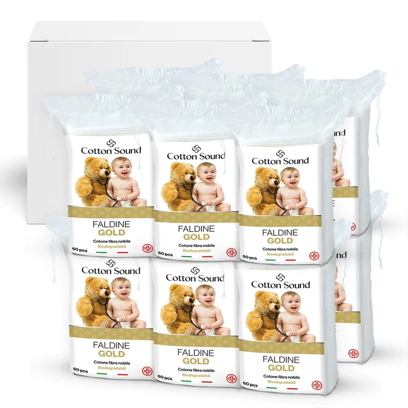COTTON SOUND GOLD BABY Faldine 12 packs x 60 Pieces for Children, 100% Hydrophilic Cotton, Square 9 x 11 cm, Hypoallergenic and Biodegradable, Dermatologically Tested, Made in Italy - Image 1