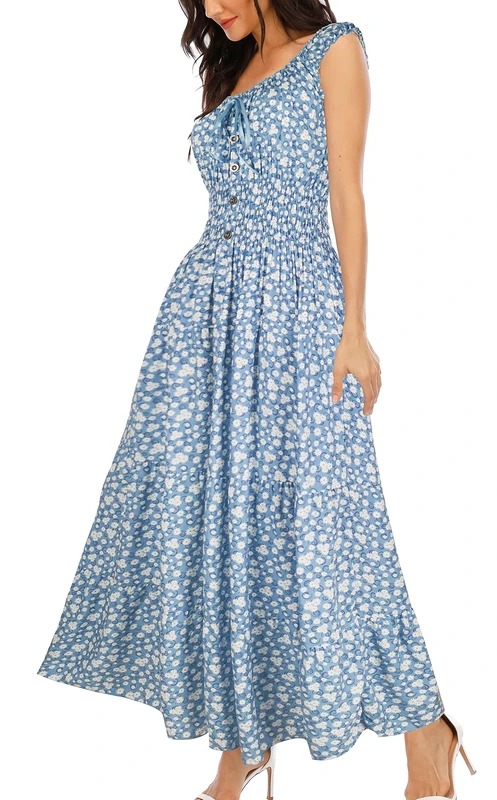 OSTOO Women's 2025 Summer Boho Floral Print Tiered Casual Flowy Long Maxi Dress, Light Blue Floral, L - Image 1