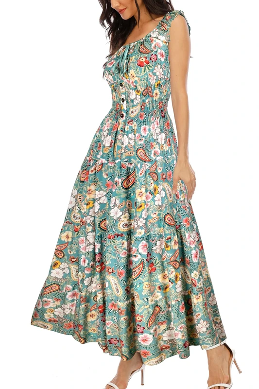 OSTOO Women's 2024 Summer Boho Floral Print Tiered Casual Flowy Long Maxi Dress, Green Cashew Floral, M