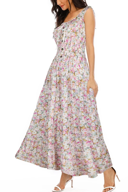 OSTOO Women's 2025 Summer Boho Floral Print Tiered Casual Flowy Long Maxi Dress, Light Pink Floral, XL