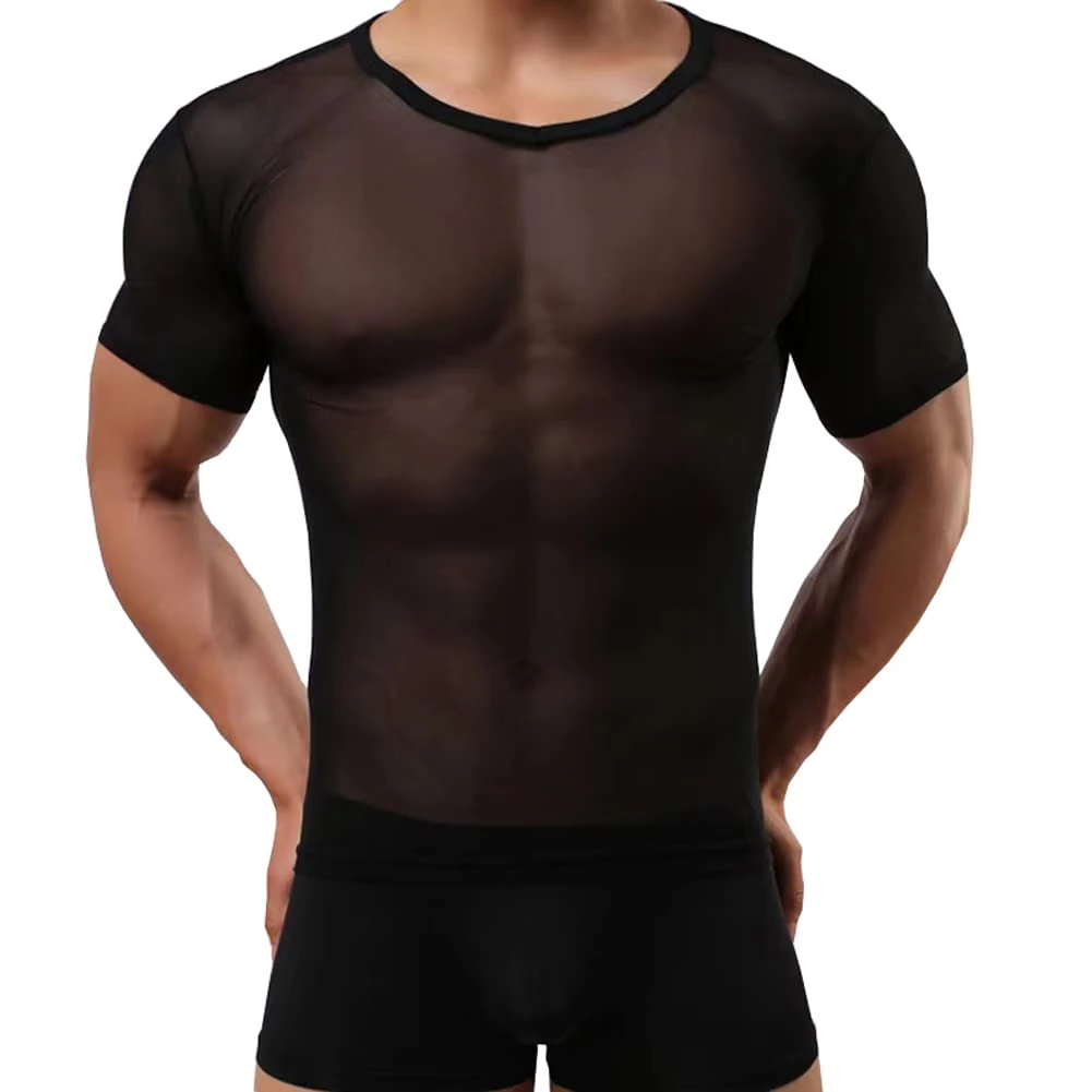 Drelaar Men's Crewneck Mesh Stretchy Undershirt Bodybuilding Tops Medium Black
