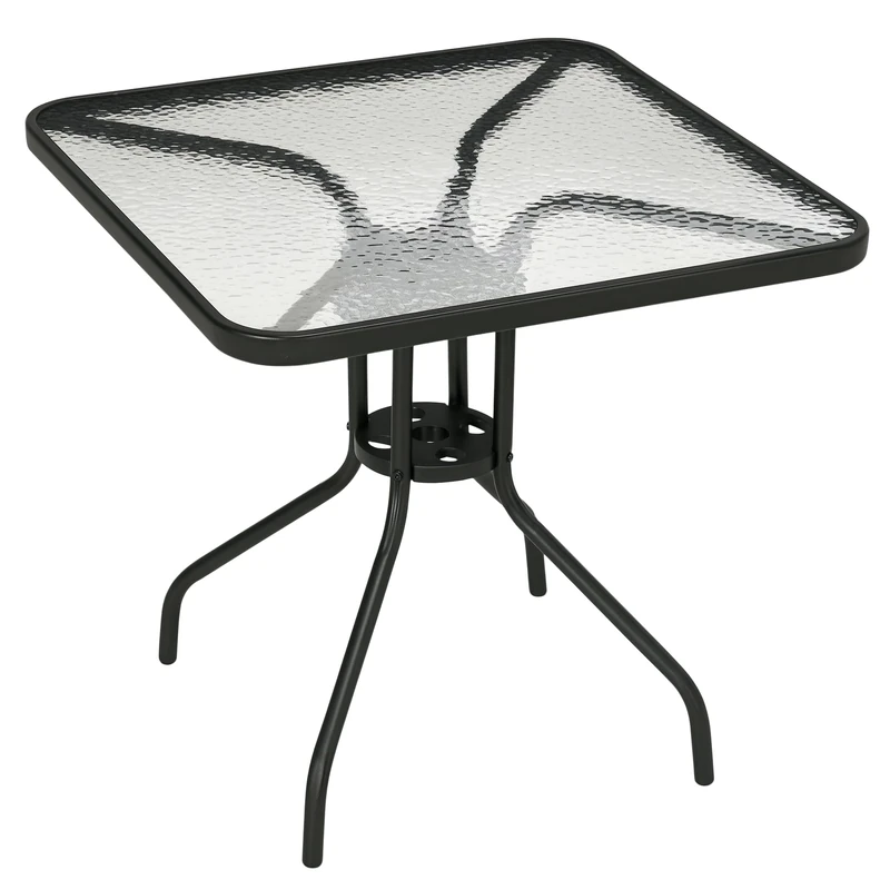 Outsunny Square Patio Table, Tempered Glass Top Bistro Table, Garden Dining Table, Outdoor Accent Coffee Table 76 x 76cm Steel Frame with Umbrella Hole