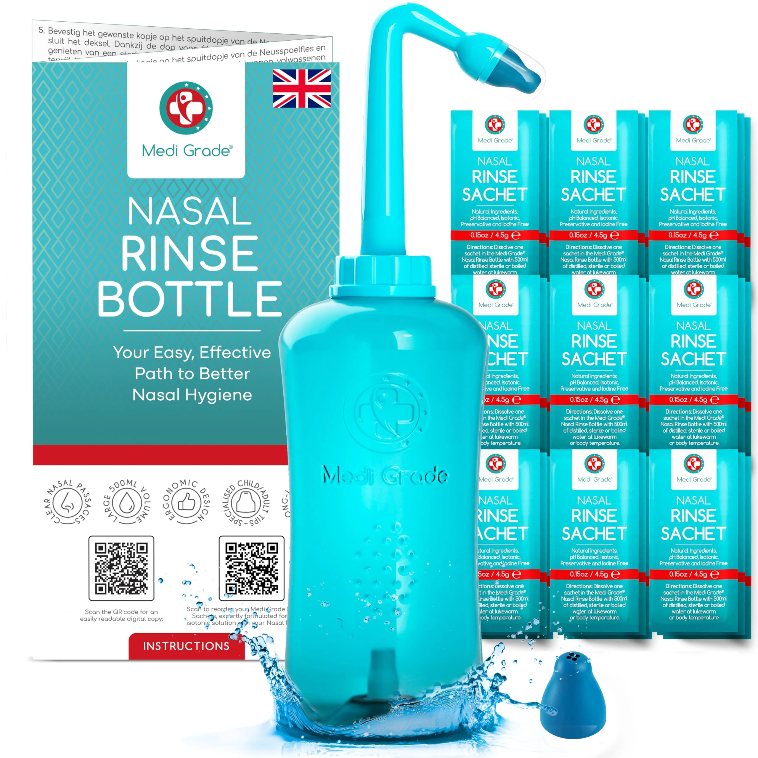 Medi Grade Nasal Irrigation Kit - 500ml Nasal Rinse Bottle, 30x 4.5g Premixed Saline Nasal Rinse Salt Sachets - Deluxe Free-Flow Bottle Nose Cleaner for Improved Breathing and Nasal Hygiene