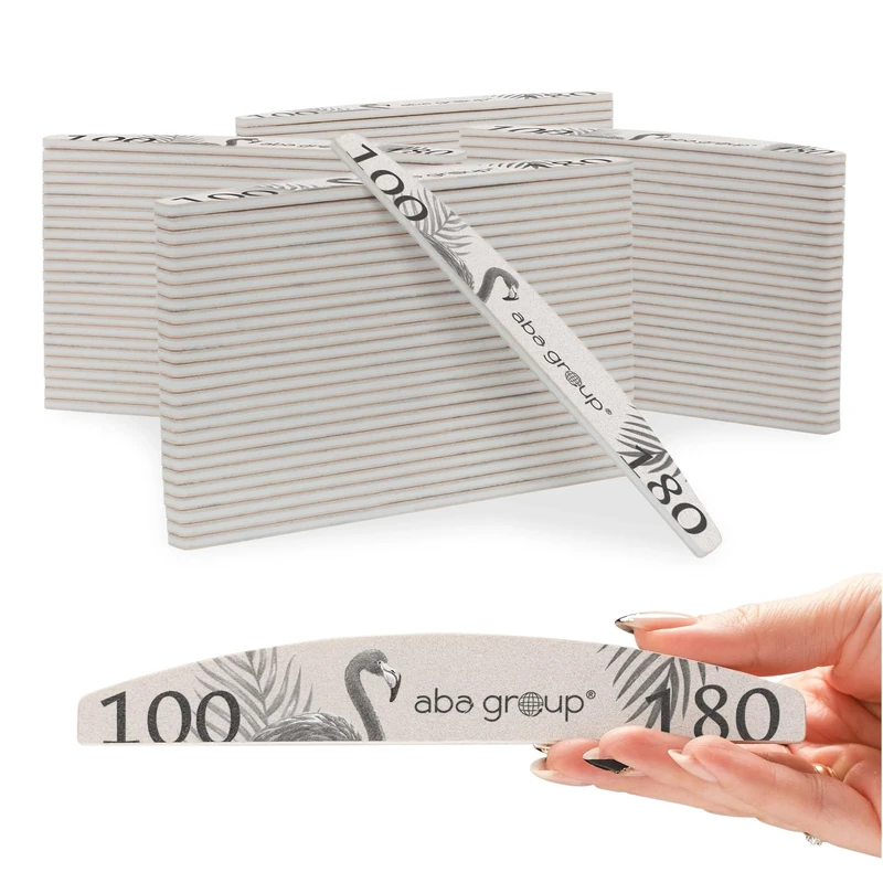 ABA GROUP Professional Flaming Half Moon Nail Files, 100/180 Grit, Set of 100, Grey, Sandpaper, Emery, Nail File