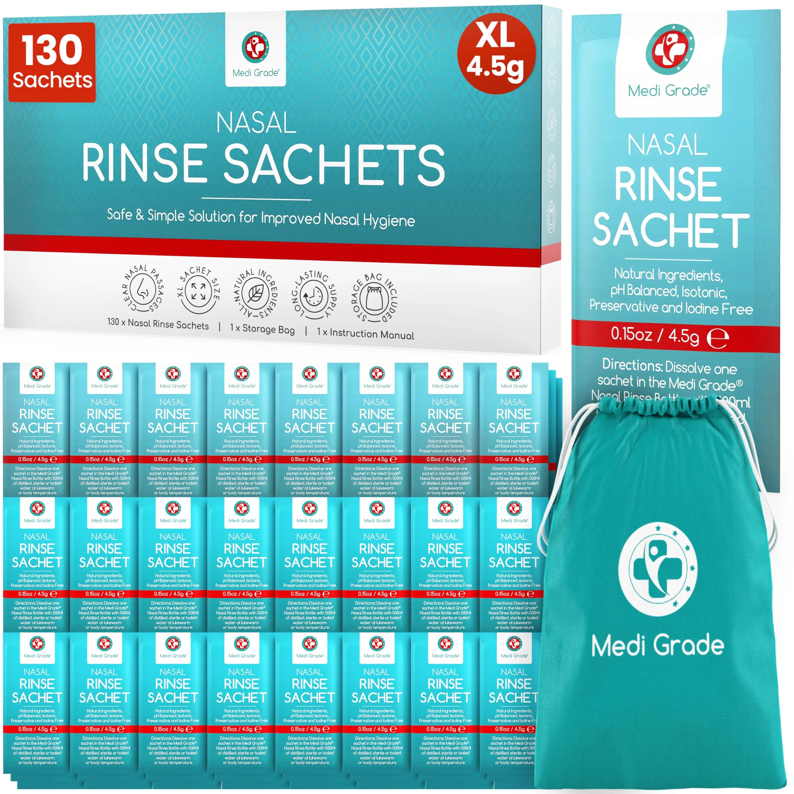 Medi Grade Saline Nasal Rinse Salt Sachets for Sinus Irrigation, 130 x 4.5g – All Natural, Isotonic, pH Balanced Nose Wash for Clear Breathing