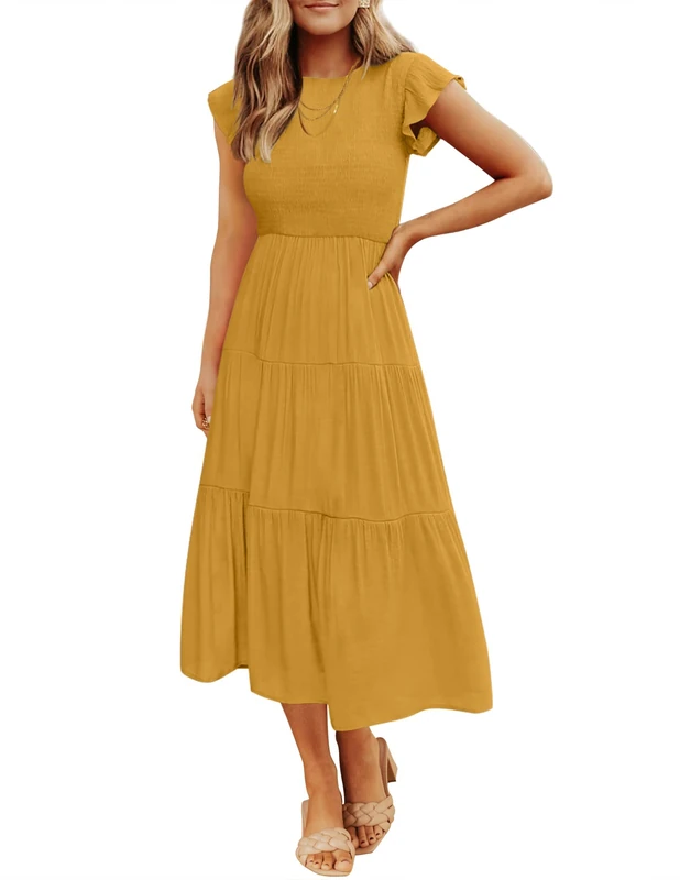 ZESICA Women's 2024 Summer Casual Flutter Short Sleeve Crew Neck Smocked Elastic Waist Tiered Midi Dress, Ginger, L
