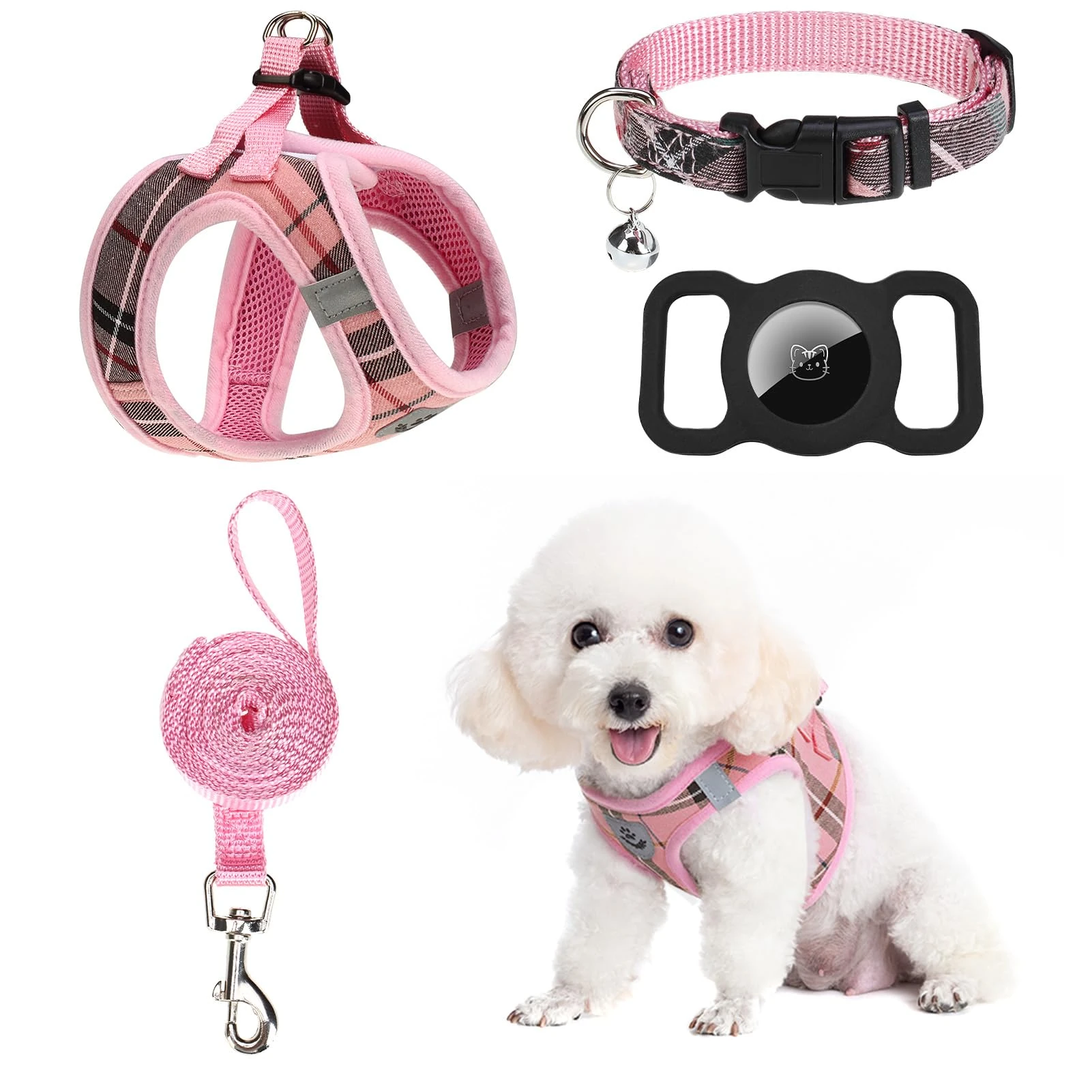 EXPAWLORER Puppy Harness and Lead - Small Dog Collar and Lead - Classic Plaid Adjustable Small Dog Vest Harnesses No Pull, Reflective Escape Proof for Outdoor Walking, Pink Small
