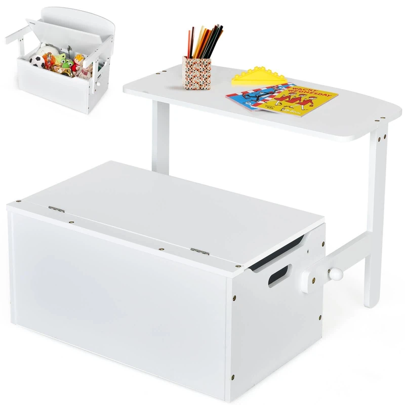 GYMAX 3 in 1 Kids Storage Bench, Convertible Toy Storage Box with Safety Hinge, Wooden Children Table and Chair Set for Playroom Bedroom (White)
