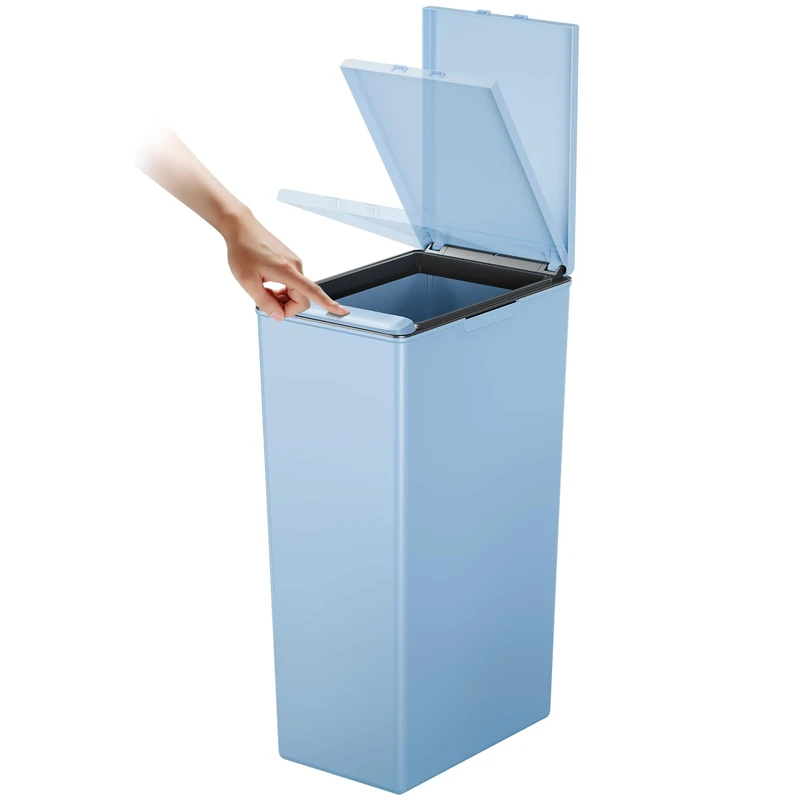 EKO Morandi 40L Kitchen Recycling Bin with Touch-Top Lid, Slim Plastic Rubbish Bin with Recycling Stickers and Easy-Clean Finish, Compact Design for Home or Office, Titanium Blue