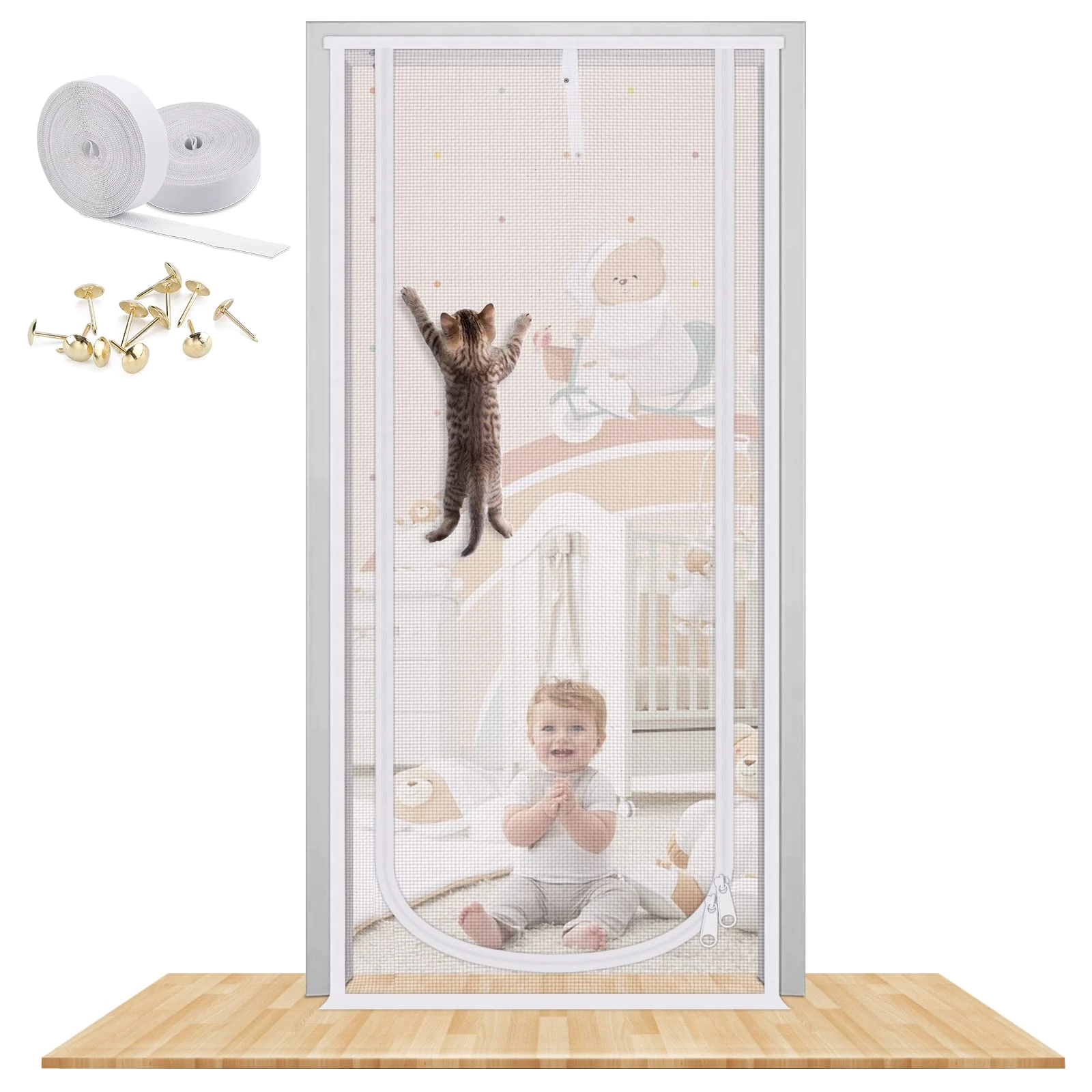Cat Screen Door, MYPIN Upgraded 31.5X82” Heavy Duty Magnetic Screen Door for Cats Anti-mosquito Door Curtain Pet Fly Screen Door with Bilateral Zipper, Prevent Dogs Cats Running Out from Home(S)
