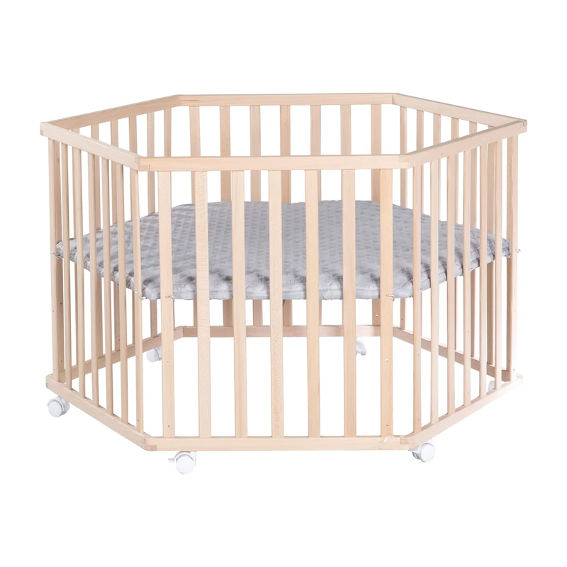 roba Playpen Hexagonal 'Cosiplay' - Organic Beech - Incl. Protective Insert 'roba Style Grey'