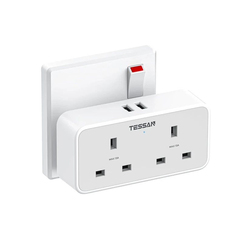 TESSAN Double Plug Adapter UK with 2 USB, 2 Way Multi Plugs Extension Socket, 13A UK Dual Surge Protected Wall Charger Power Adaptor for Home, Office, Kitchen, School Supplies