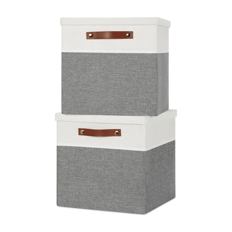 Temary Cube Storage Bins with Lids for Organizing Clothes, [2-Pack] Foldable Storage Boxes with Handles, Closet Storage Baskets for Living Room (White&Gray, 13x13x13inch)