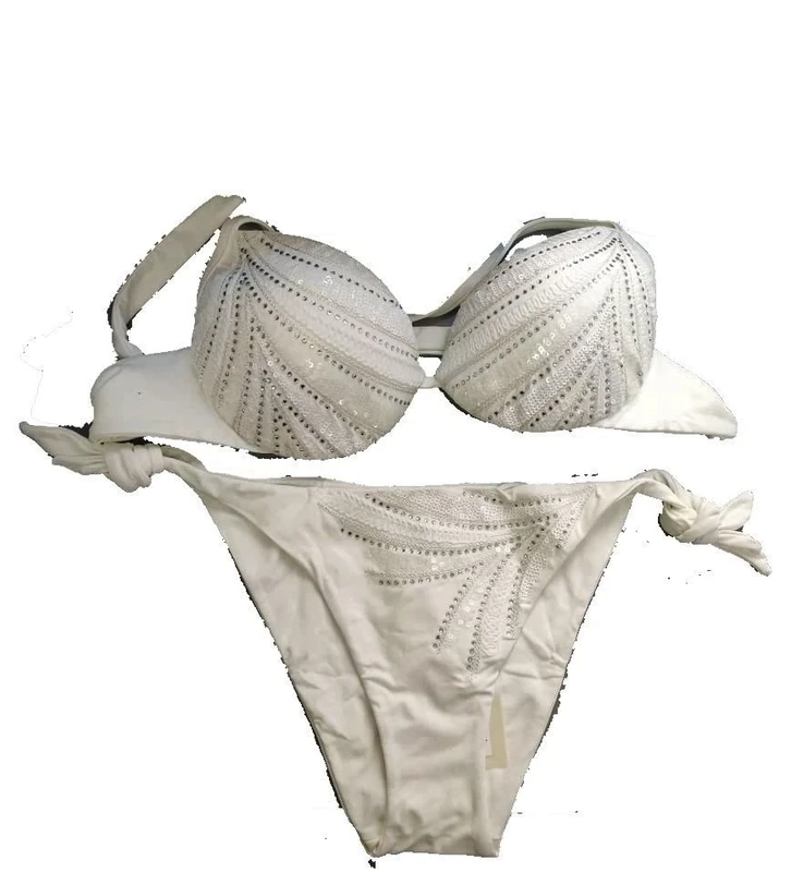 Twinset Women's PUSH UP PAILETTESS BEACH BIKINI + BOW THONG SIZE, Off White, 4C
