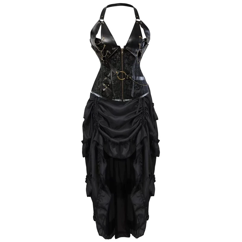 jutrisujo Steampunk Corset Dress Leather Bustier Top Skirt Set Gothic Pirate Victorian Burlesque Halloween Costume Black 2XL
