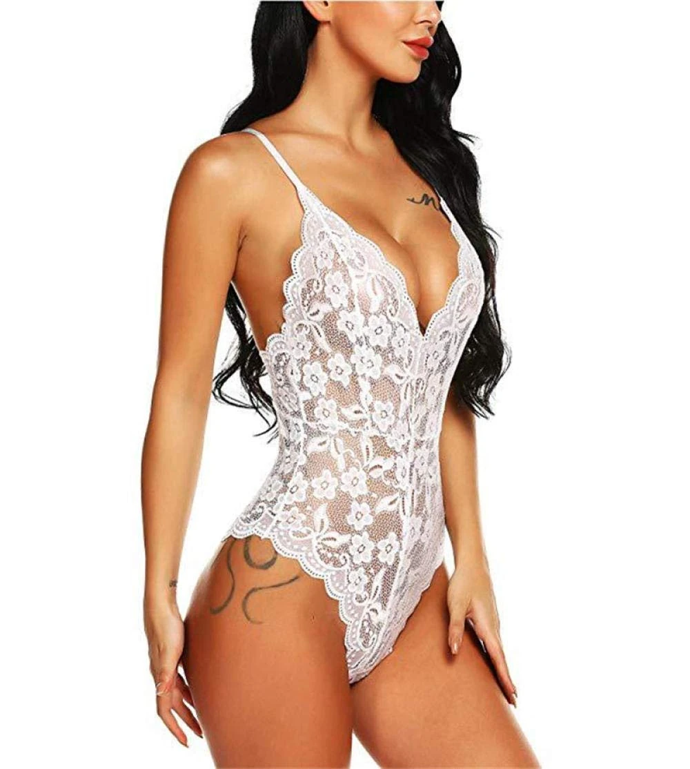 Women's Erotic Baby Dolls Sexy Bodysuit Lingerie Nightwear V-Neck Backless Babydoll Sleepwear Lace Sheer Underwear-White_S