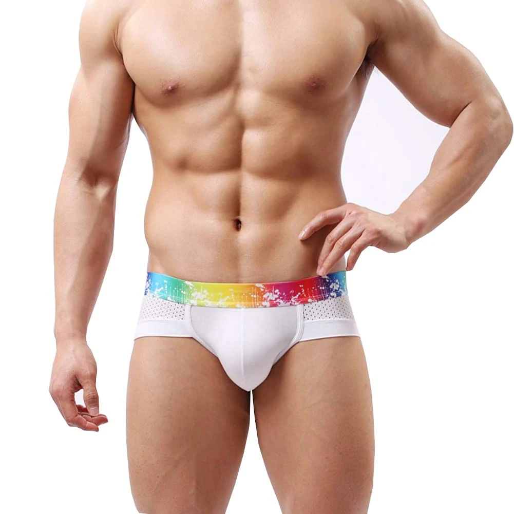 Drelaar Men's Colorful Waistband Breathable Underpants Sexy Soft Briefs Medium White