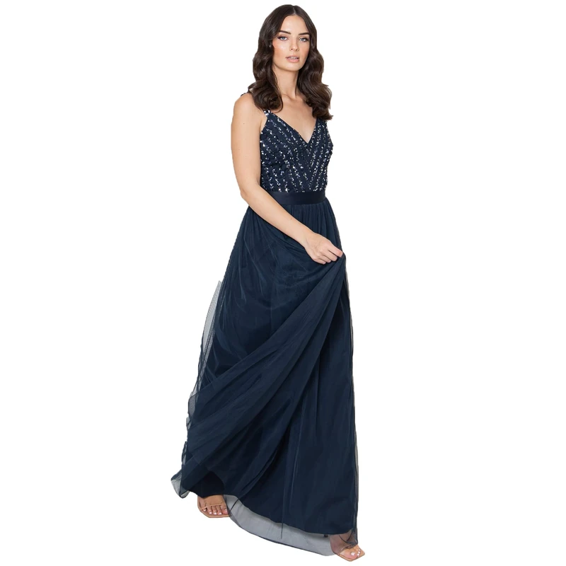Maya Deluxe Women's Ladies Maxi Dress Long Length Wedding Guest Bridesmaid Prom Summer Evening Gown V Neck Straps Bow Tie, Navy, 24